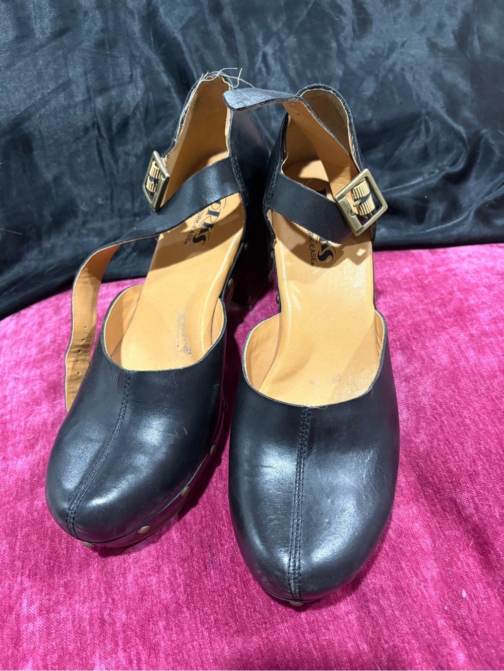 Kork-Ease Black Leather Ankle-Strap Heels with Gold Buckles